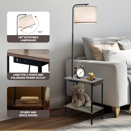 EOEYYOYB Floor Lamp with Table & Drawers, End Table Lamp with USB Charging Portt Power Outlet and Shelves, Side Table Reading Light with 3 Color Temperature Led Bulb Included for Living Room, Gray - color: Gray (with Drawer)