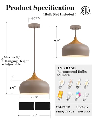 ELYONA 12 Inch Japandi Pendant Light, Farmhouse Pendant Light Fixture with Faux Pine Wood Grain Metal Shade, Adjustable Hanging Light for Kitchen Island Dining Room Bedroom Sloped Ceiling, Dark Brown - color: Dark Brown