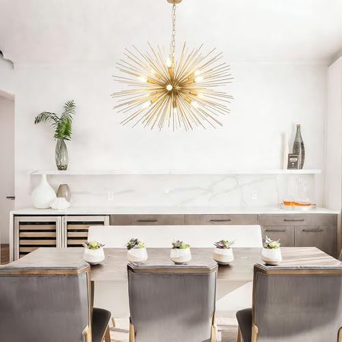 Modern 33.8in Gold Sputnik Chandeliers 12-Light Mid-Century Starburst Chandelier Light Fixture Solid Metal Satellite Large Chandelier for High Ceiling Dining Room Living Room Foyer E12 - color: Golden 33.85" 12-Light