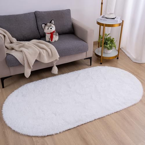 Goideal Fluffy Bedroom Rug, Small Oval Area Rugs, White Shag Bedside Carpet for Kids Room Nursery Dorm Cute Fuzzy Indoor Decor for Boy and Girl, 2.6 x 5.3 Feet - color: White