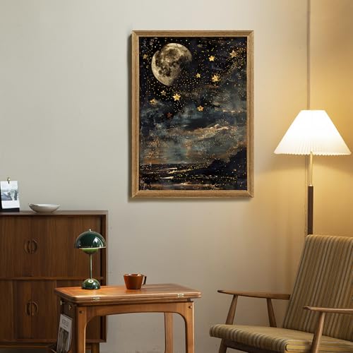 ICHZUMW Moon and Stars Celestial Canvas Wall Art, Mystical Moody Night Sky Poster Prints, Vintage Witchy Dark Academia Wall Decor, Framed Eclectic Gothic Home Decor for Desk Bedroom Bathroom, 16x24in - color: Moonlit Stars, size: 24"L x 16"W