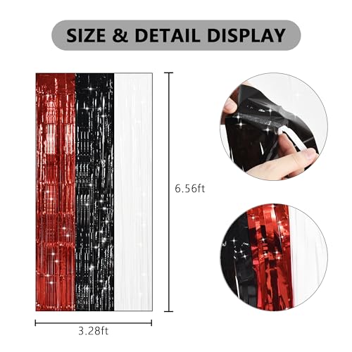 TONIFUL Black Red White Door Streamers,Black Red and White Photo Booth Backdrop Metallic Streamers Foil Fringe Curtain for Birthday,New Year,Graduation,Grad,Baby Shower Party Streamers Decoration - color: Black Red White