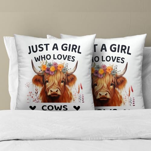 Just a Girl Who Loves Cows Pillow Covers 16x16 Inch Set of 2, Cute Floral Cow Throw Pillow Covers Square White Cotton Cushion Cover for Home Couch Sofa Patio Bedroom Livingroom - color: Cow240103, size: 16" x 16" (Pack of 2)