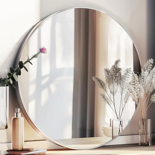 Sunniry Silver Round Mirror 22 inch, Silver Circle Mirror, Round Wall Mirrors with Brushed Aluminum Frame, Circle Mirrors for Living Room, Bathroom, Wall, Hallway. - color: Silver, size: 22"L x 22"W