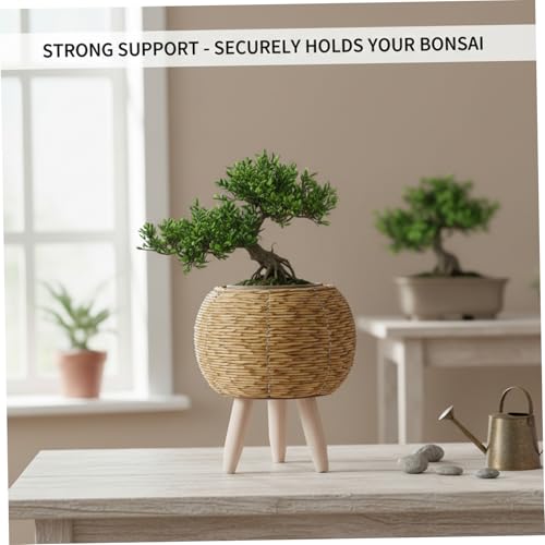 Flower Pots Boho Plant Stand, Wicker Basket Plant Stand with Wood Legs, Light Brown Rattan Plants Table for Home Decor, Office, Cafe