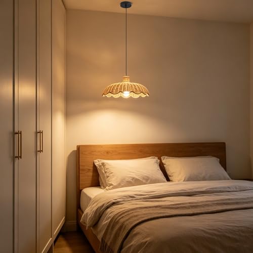 MIXL-Rattan Woven Pendant Light,Scalloped Shade Small Hanging Light,Rustic Kitchen Island Lighting,Boho Style Pendant Lamp for Living Room Bedroom - color: 18.11 Inches