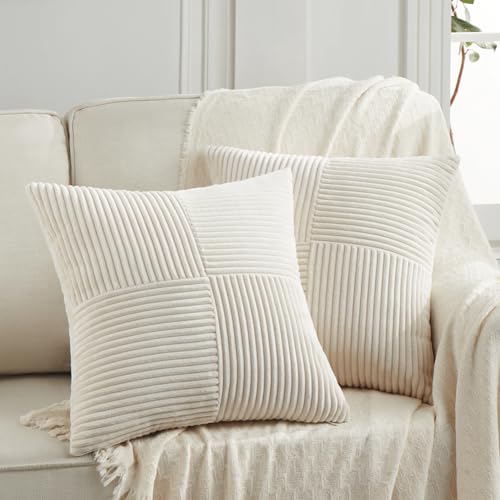 Fancy Homi 2 Packs Cream Samll Decorative Throw Pillow Covers 12x12 Inch with for Couch Bed Sofa, Rustic Farmhouse Boho Home Decor, Soft Corss Patchwork Corduroy Square Cushion Case 30x30 cm - color: Cream, size: 12" x 12" (Pack of 2)