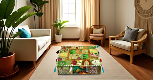 CRAFT KALA Indian Square Patchwork Traditional Pouf Cover Indian Living Room Poufs Decorative Embroidered Designer Ottoman Home Living Footstool Chair Cover Decor Pillow Cover 18x18x5 inches, Green - color: Green, size: 18"D x 18"W x 5"H