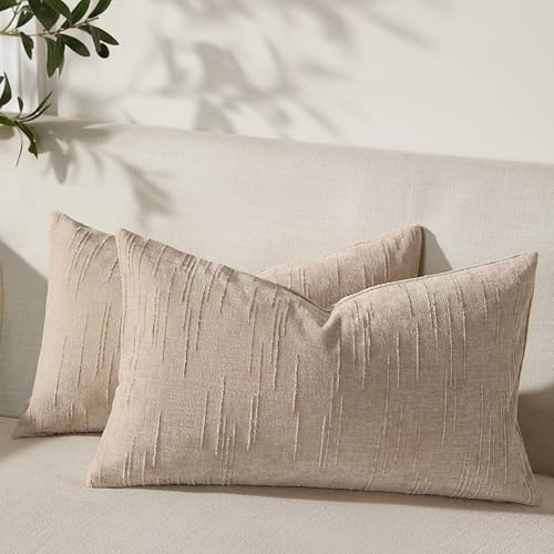 Set of 2 Summer Decorative Throw Pillow Cover 12x20, Solid Farmhouse Neutral Cushion Covers with Hidden Zipper, Soft Textured Throw Pillows for Bedroom Living Room Couch, Khaki - color: Khaki, size: 20" x 12" (Pack of 2)