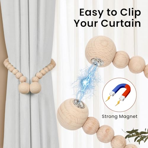 KLOGTSIND Magnetic Curtain Tiebacks, Curtain Tie Backs for Curtains 2 Pack, Wood Bead Curtain Tiebacks, Curtain Holders for Boho Bedroom Decor, Baby Nursery Decor, Farmhouse Décor - color: Beechwood