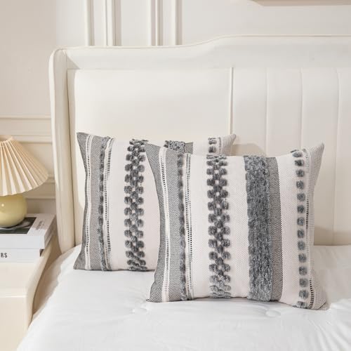 Boho Throw Pillow Covers 18x18 Set of 2 for Couch-Modern Farmhouse Sofa Decorative Grey Throw Pillows Covers Textured Chenille Cushion Covers Outdoor Netural Bohemian Pillow Cases Square - color: Gray Stripe