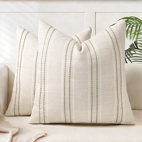 AELS 20x20 Decorative Farmhouse Linen Blend Throw Pillow Covers, Boho Textured Pillow Case, Set of 2, Beige with White & Brown Stitch Yarn Dyed Stripe Cushion Cover for Sofa Living Room (Cover O - color: Beige With White & Brown, size: 20" x 20" (Pack of