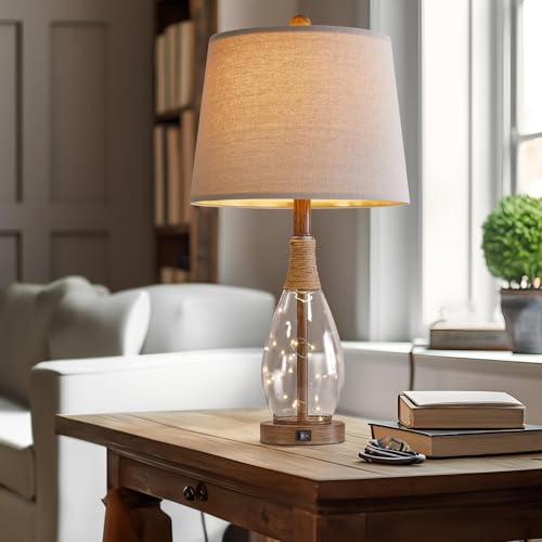 OYEARS Bedside Table Lamps Set of 2 with USB, Modern Bedside Lamps Retro Farmhouse Rattan Glass Nightstand Nightlight Lamps for Bedroom Living Room Dorm,Two Light Points - color: Wood-Like