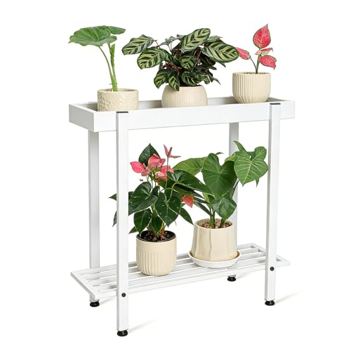 Honla Metal Plant Stand Indoor Outdoor,2 Tier Window Tall Plant Table Bench Shelf for Multiple Plants,26" L x 8.66" W x 24.40" H,White - color: White