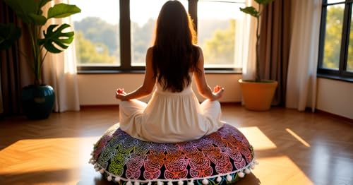 Round Mandala Floor Pillow Cover Seating Cushion Throw Cover Hippie Decorative Bohemian Ottoman Pouf Cover, Pom Pom Pillow Cases,Boho Indian 22 Inches (Multi Peacock) - color: Multi Peacock