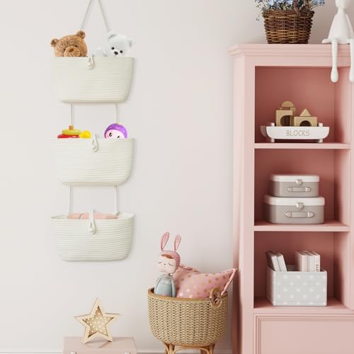 TeoKJ 3-Tier Hanging Baskets for Storage with Pearl Button Strap, Over The Door Storage Baskets for Bathroom, Bedroom, Closet, Door Storage Organizer for Decoration, White - color: White, style: 3 tier+Pearl Button