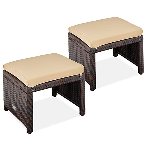 Best Choice Products Set of 2 Wicker Ottomans, Multipurpose Outdoor Furniture for Patio, Backyard, Additional Seating, Footrest, Side Table w/Removable Cushions, Steel Frame - Brown/Tan - color: Brown/Tan