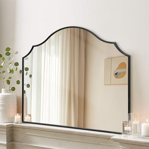 Besdomus Scalloped Arched Mirror for Mantel: 35"x26" Black Modern Wooden Wall Mirror - Minimalist Decorative Dresser for Vanity/Bathroom/Bedroom/Fireplace/Living Room/Entryway - Stylish Home Decor - color: Black, size: 26"L x 35"W
