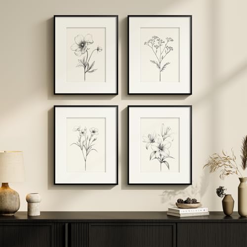Framed Black and White Botanical Wall Art for Bathroom, 4 Piece Minimalist Floral Plant Artwork for Walls, Vintage Farmhouse Flower Picture Prints for Bedroom Kitchen Living Room Wall Decor, 8x10 Inch - color: Black and White, size: 8" W x 10" H x 4pcs
