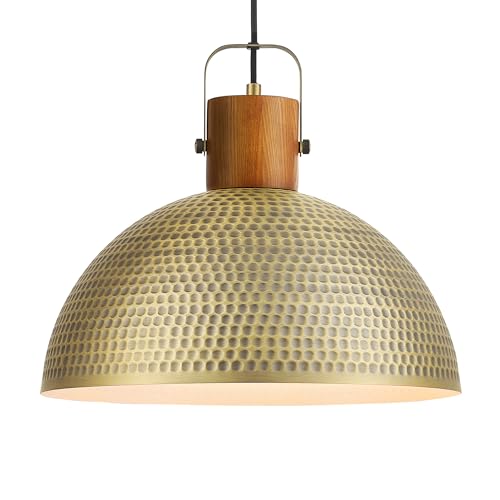 ELYONA 16 Inch Large Hammered Pendant Light Fixtures Ash Wood Vintage Dome Hanging Lamp Antique Gold Metal Kitchen Chandelier for Island, Farmhouse Dining Room Living Room Hallway Brushed Brass - color: Brass - 1 Pack