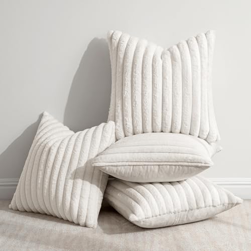MIULEE Faux Fur Plush Decorative Throw Pillow Covers 18x18 Set of 4, Spring Modern Soft Fuzzy Striped Cushion Covers for Spring Sofa Couch Bed Living Room Cozy Home Decor,Pure White - color: Pure White, size: 18" x 18" (Pack of 4)