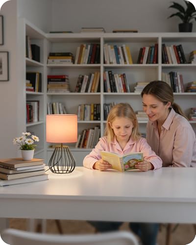 Pink Table Lamp for Girls' Room, Modern Small Bedside Lamp with Pink Linen Lampshade & Black Metal Base, 2700K LED Bulb Included, Decorative Nightstand Lamp for Bedroom, Entryway, P06TL05 - color: Pink + Black