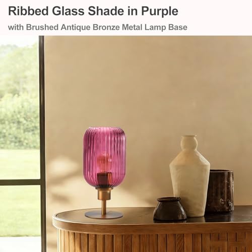 Mid Century Glass Table Lamp,Dimmable Desk Lamp,LED Bulb Included,Timer Build-in,Purple Ribbed Glass - color: Purple Ribbed, size: Timer