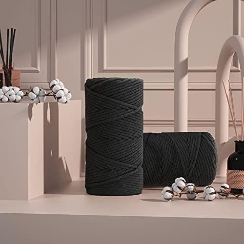 Macrame Cotton Cord 5mm x 109 Yards, ZUEXT 100% Natural Handmade Colorful 4 Strands Twisted Braided Cotton Rope for Wall Hanging Plant Hangers Gift Wrapping Tapestry DIY Crafts(100m, Black) - color: Black, style: 5mm x 100m