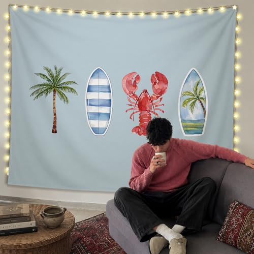 SkyCozy Blue Surf Coastal Beach Wall Tapestry,Surf Board Room Decor, Summer Coastal Preppy Trendy Retro East Coast Coquette Surfboard Crawfish Tapestry Decor for Girls Room College, 50x60 Inch - color: 01- Surf Coastal Tapestry(Blue)