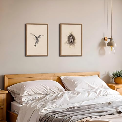 2pcs Retro Framed Canvas Prints - Hummingbird Bird Nest Wall Art Hummingbird Sketch Oil Painting Stunning Nature Wall Art For Living Room, Bedroom, Office Decor 12x16in - color: Hummingbirds return to their nests, size: 12x16in