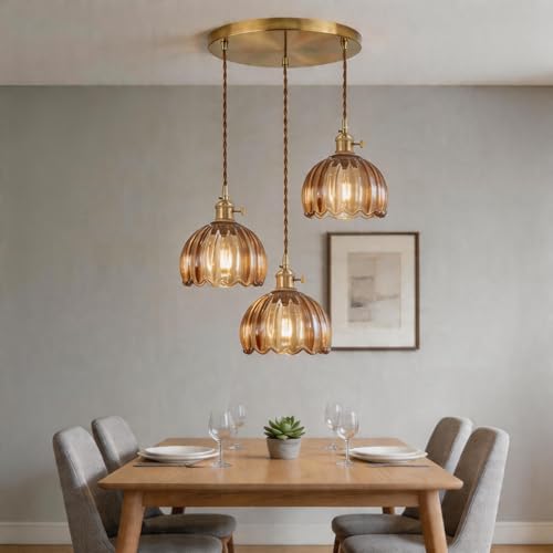 Amber Tulip Glass Pendant Light, 3 Natural Light Bulbs Included, Adjustable Cord with Switch, Suitable for Kitchen Island/Dining Room - color: Amber 3pcsTulip Pendant Light