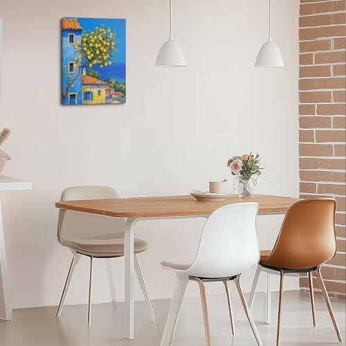 Italy City Wall Art, Coastal Landscape Watercolor Painting Italy Lemon Canvas Framed Prints Modern Decorations Summer Aesthetic Poster for Living Room Entryway Farmhouse Dining Room 11.5x15 Inch - color: Multi 1383