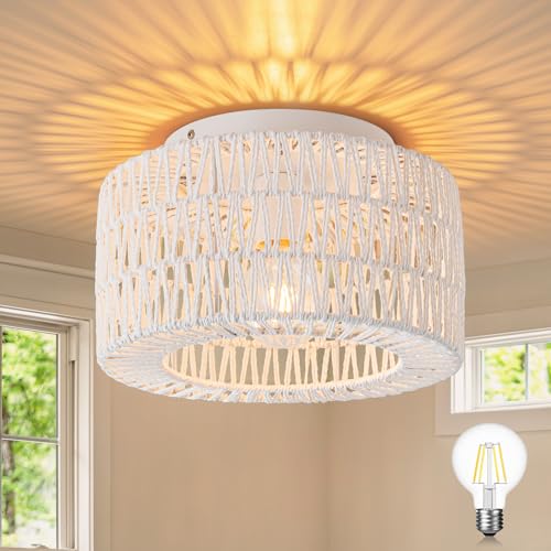 SineRise Rattan Ceiling Light Fixtures (12-Inch, LED Bulb Included), Hand-Woven Boho Flush Mount Ceiling Light, Rattan Chandelier for Hallway Kitchen Farmhouse Foyer Entryway Living Room(White) - color: White, size: Small