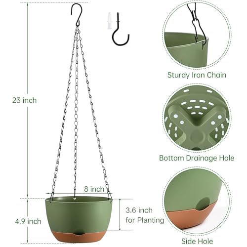 Set of 2 Hanging Planters for Indoor Outdoor Plants, 8 Inch Self-Watering Hanging Flower Pots with Drainage Hole & Removable Water-Storage Tray (Hooks) - color: Green, size: 8 Inch (S)