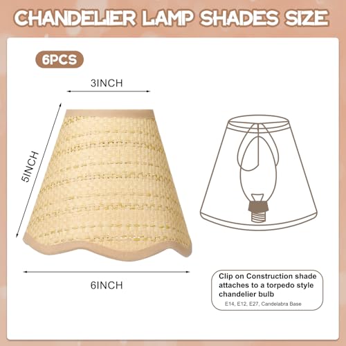 Tuanse 6 Pcs Boho Rattan Lamp Shade Scalloped Empire Shaped Clip on Chandelier Shade 3" x 6" x 5" Replacement Rustic Barrel Lighting Cover for Kitchen Dining Living Room Table Wall Chandelier - color: Beige, size: Rattan, style: Bohemian
