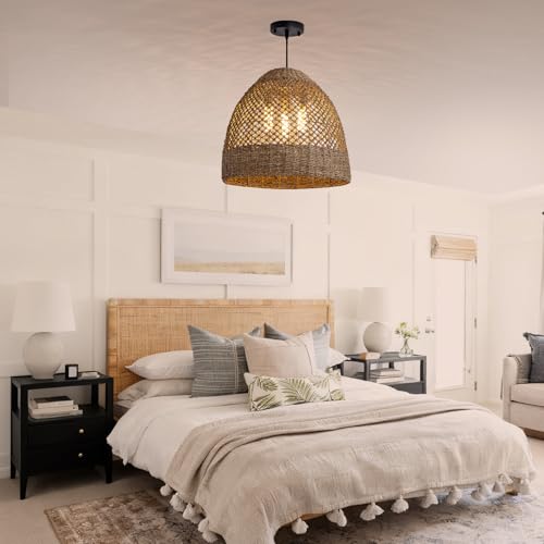 19" Farmhouse Rattan Chandelier 3-Lights Costoal Pendant Light Boho Hand Woven Wicker Hanging Light Fixture for Living Room Bedroom Dining Room Kitchen Island Foyer Restaurant Coffee - color: Coffee-D