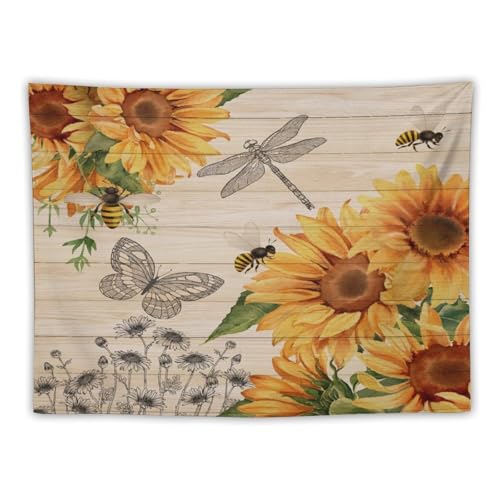 Sunflower Tapestry,Watercolor Flower Rustic Wooden Plank Retro Barn Door Butterfly Tapestry for Bedroom,Nature Landscape Tapestry Wall Hanging for Living Room Dorm Home Decor,40"x30" - color: Sunflower-4, size: W40xL30in