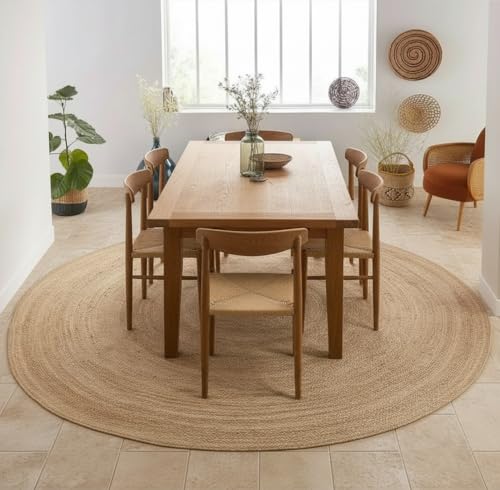 Jute Rug 8ft Round Area Rug Hand Woven Jute Beige Braided Boho Rug for Living Room Outdoor Bedroom Kitchen Entryway Farmhouse Hallway, Rustic Vintage Natural Reversible Floor Rugs: Natural - color: Natural, size: 8' (Round)
