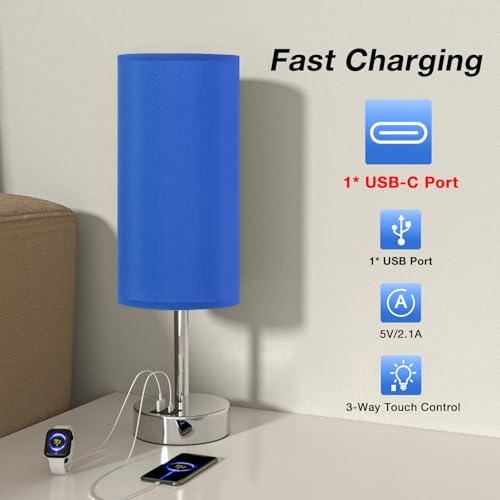 Dicoool Navy Blue Touch Lamp for Boys - Small Nightstand Lamp with USB-C and USB Charging Ports, 3 Way Dimmable Bedside Table Lamp with Fabric Shade Silver Base for Nursery, Dorm, Office, Reading - color: Blue-Silver Metal, size: 14in
