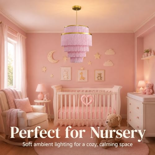 5-Tiered Pink Chandelier,3 Lights Boho Fringe Pendant Light Fixture,Tassle Chandelier for entryway,Dining Room,Baby Nursery,Gold and Pink - color: Pink-Pendant