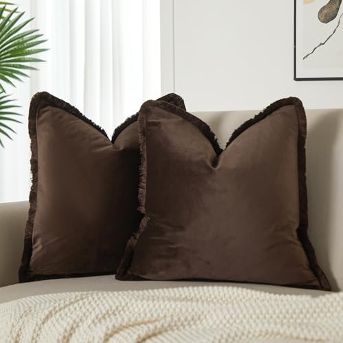 JUSPURBET Pack of 2 Coffee Decorative Fringe Velvet Throw Pillow Covers 26x26 for Home Decor Living Room Bedroom Car Boho Soft Cushion Cover with Hidden Zipper Machine Washable - color: Coffee, size: 26" x 26" (Pack of 2)