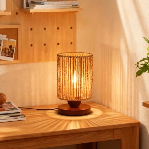 Handmade Rattan Lamp Boho Table Lamp for Bedroom, Small Woven Lamps for Night Stands with Warm White LED Bulb, Coastal Boho Lamp for Living Room Reading Nook Office Desk, 12cm Shade 20cm Height - color: Bohemian
