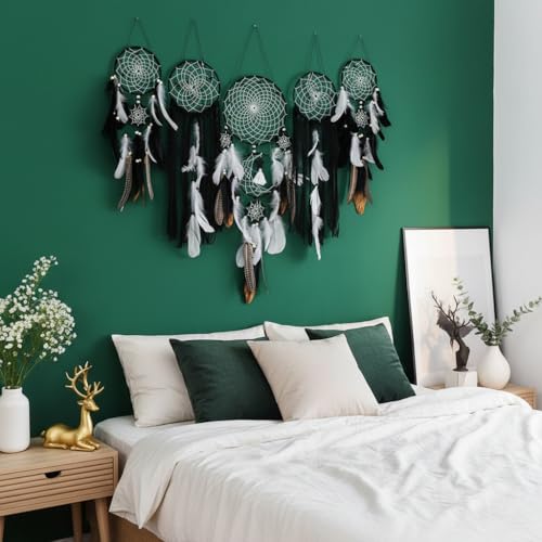 5 Pack Dream Catchers Boho Wall Decor Moon and Sun Feather Handmade Traditional Dream Catcher Wall Hanging Decor for Bedroom Living Room Home Halloween Decorations Witchy Gifts (Black Set) - color: Black
