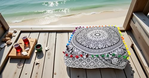 INDIAN CRAFT CASTLE Mandala Mandala Barmeri Large Floor Pillow Cover Cushion Meditation Seating Ottoman Throw Cover Hippie Decorative Zipped Bohemian Pouf Ottoman Cases (Black and White, 16" Square) - color: Black and White, size: 16"D x 16"W x 5"H