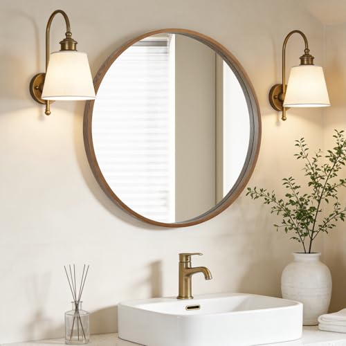 WallBeyond Wood Round Mirror with Wood Frame 24 inch Circle Wall Mirror for Bathroom Round Wall Mirror for Wall Decor, Vanity, Entryway Living Room (Walnut) - color: Walnut, size: 24"L x 24"W
