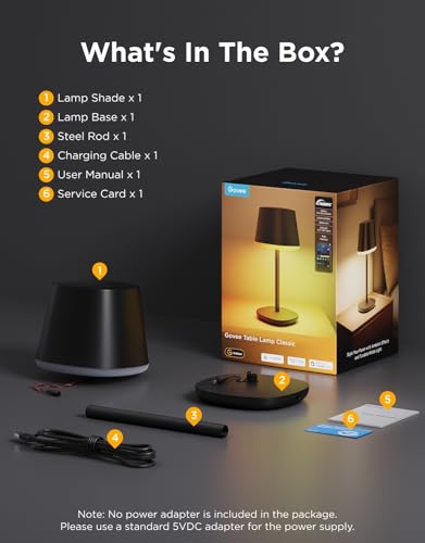 Govee Smart Cordless Table Lamp Classic (No Adapter), RGBIC Rechargeable Table Lamp for Bedroom, Living Room, Portable Desk Lamp Works with Matter, LED Bedside Lamp with 72 Scenes Modes, Timer, 500lm