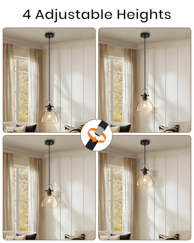 Pendant Lights Kitchen Island, 7.5 Inch Glass Pendant Lights Kitchen Island, Black Pendant Lighting with Adjustable Rod, Industrial Hanging Island Pendant Light for Kitchen, Bedroom (2 Pack) - color: Clear Glass-Black+Rod, size: 2-Pack