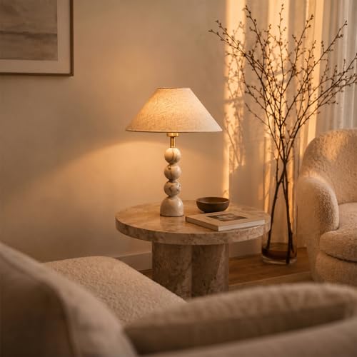 Calacatta Marble Table Lamp with Pleated Linen Shade,Vintage Solid Stacked-Sphere Marble Lamp with 3 Color Temperatures,Boho Marble Light for Bedroom Living Room Nightstand - size: 20.1in