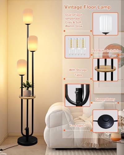Floor Lamp for Living Room, Dimmable Vintage Floor Lamp with Shelf & LED Bulbs, 3 Light 3000K Soft Warmwhite Mid Century Standing Lamp, Tall Lamps with 5Lbs Heavy Base for Bedroom Home Decor - color: Oval-Black