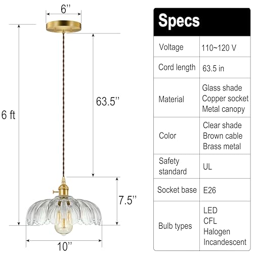 Hardwired Pendant Light Fixture, Hanging Light Fixture, Glass Shade Pendant Light with Rotary Switch, Modern Lamp for Kitchen Island, Bedroom, Dining Room, Living Room (Clear, 6 Ft Cord) - color: Clear, size: 6 ft